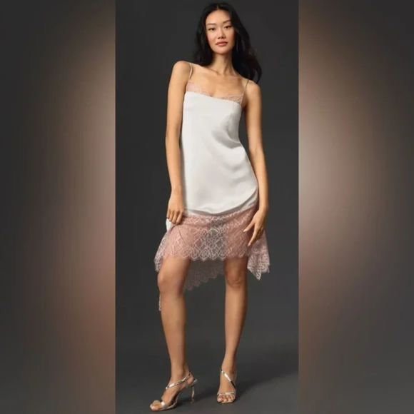 Anthropologie Lace-Trimmed Dress Grey Silky Cami New Size 2 and 12 - Picture 1 of 4